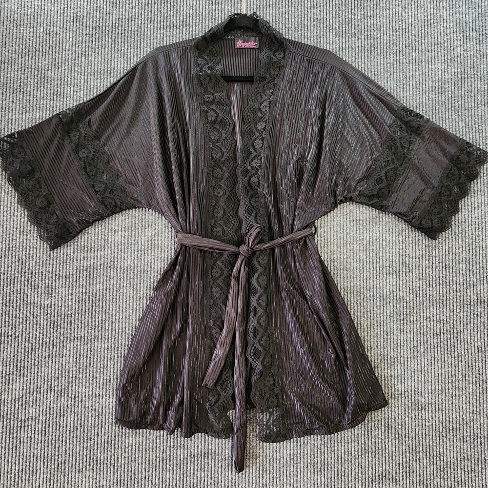 Vintage Frederick's Of Hollywood Kimono Robe Womens Medium Black Lace Satin